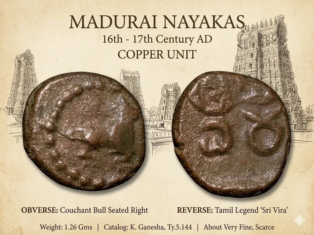 Copper Coin of Madurai Nayakas (16th - 17th Cen. AD) with Counchat Bull Right/Sri Vira K.Ganesha Type 5.144 Scarce
