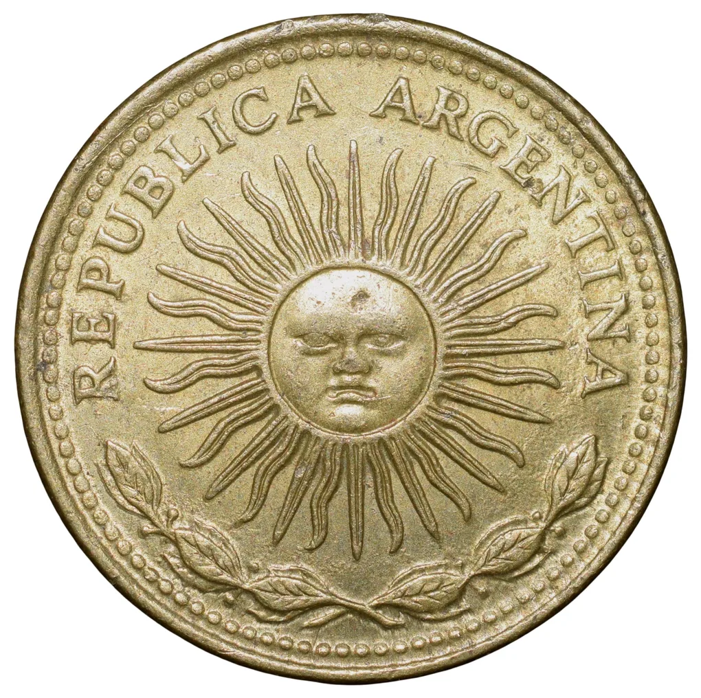 Brass 10 Pesos of Argentina (AD 1978) with 'Sol de Mayo' (Spanish: 'Sun of May')