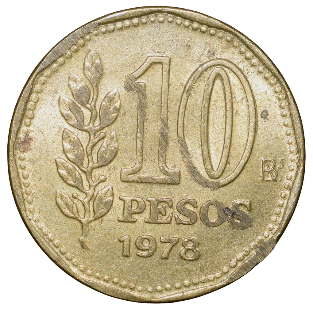 Brass 10 Pesos of Argentina (AD 1978) with 'Sol de Mayo' (Spanish: 'Sun of May')