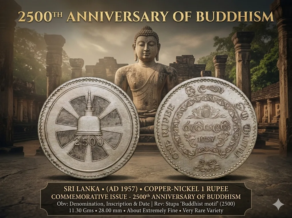 Old Copper-Nickel Rupee of Sri Lanka (AD 1957) Commemorative issue - 2500th Anniversary of Buddhism V.Rare