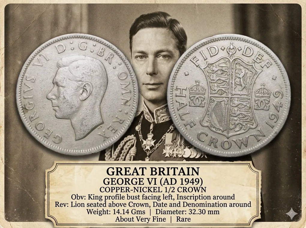 Copper-Nickel 1/2 Crown of George VI (AD 1949) of Great Brittain Large Size