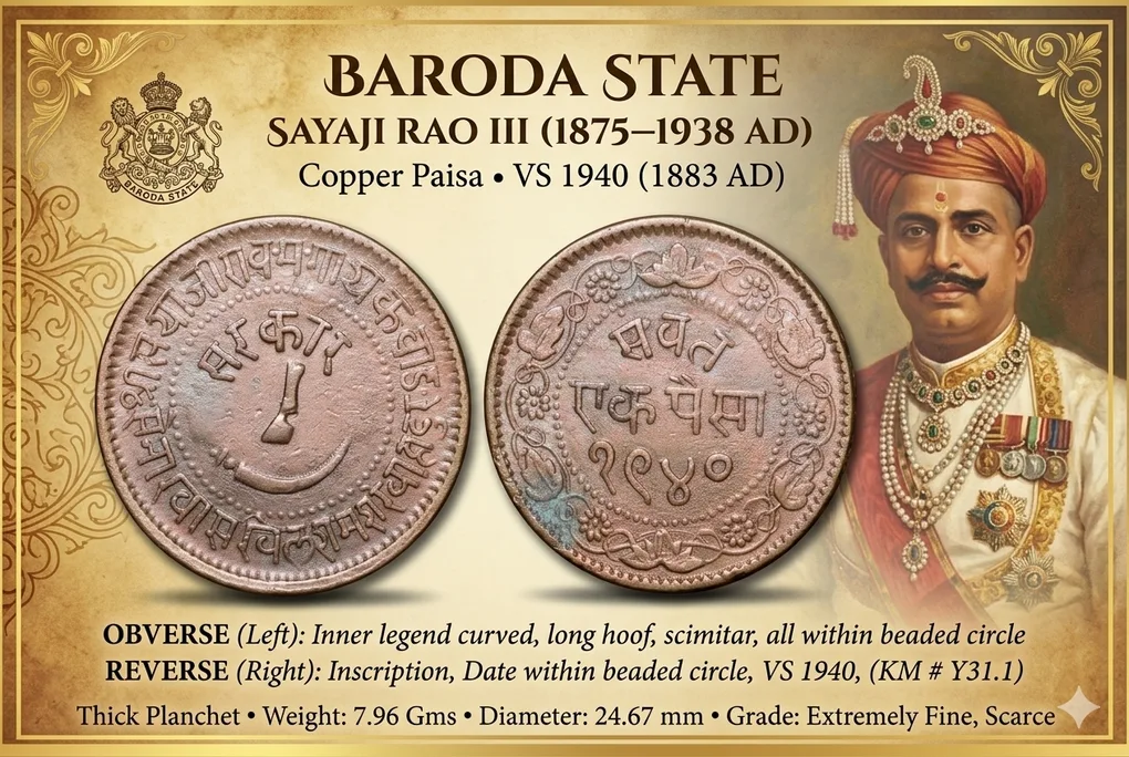 Copper Paisa of Sayaji Rao III(AD1875-1938) of Baroda State Dated VS1940/1883AD Thick-Plainchet KMY31.1