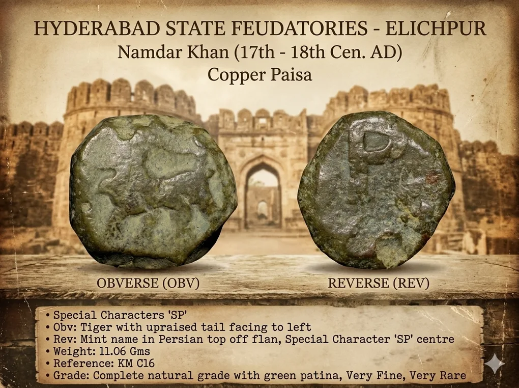 Copper Paisa of Namdar Khan(17th-18th Cen.AD) of Hyderabad Feudatory Elichpur - 'SP' KM C16