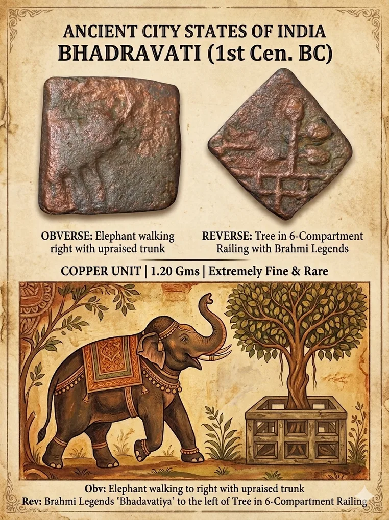 Copper Coin of City-State Bhadravati(1st Cen. BC) with Elephant walking right/Tree Railing & Brahmi legends
