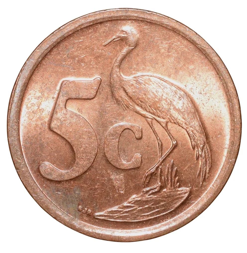Bronze 5 Cents of South Africa (AD 2003) with Standing blue crane UNC Grade