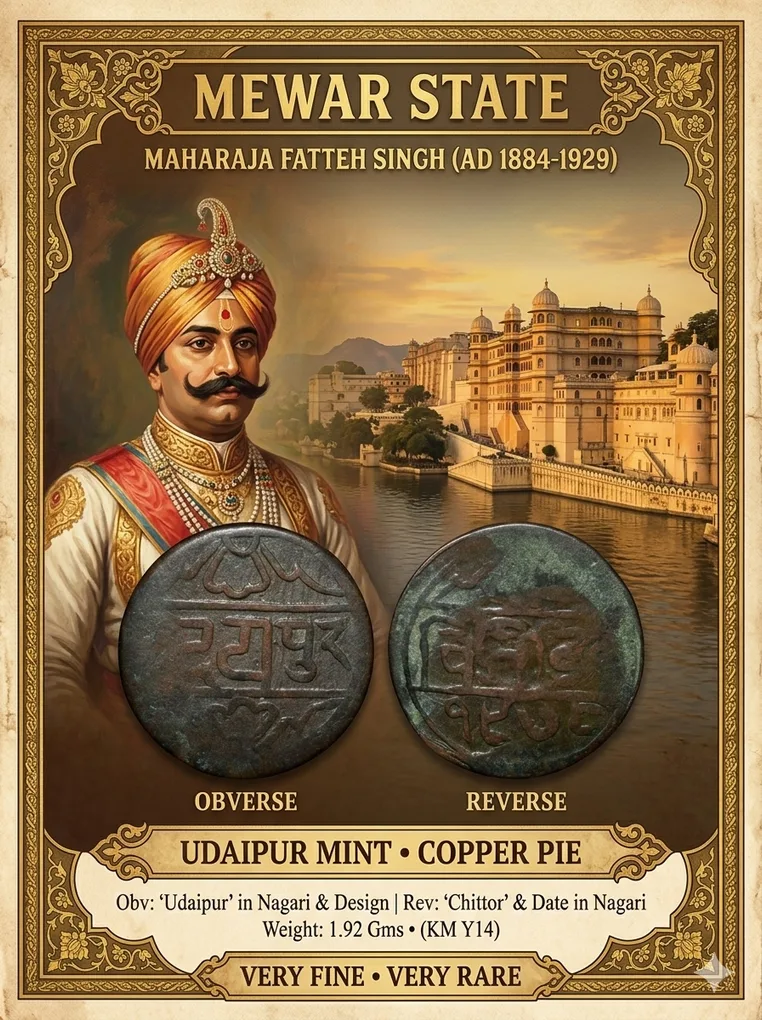 Copper Pie of Fatteh Singh(AD 1884-1929) of Mewar State of Udaipur Mint KM Y14 Very Rare