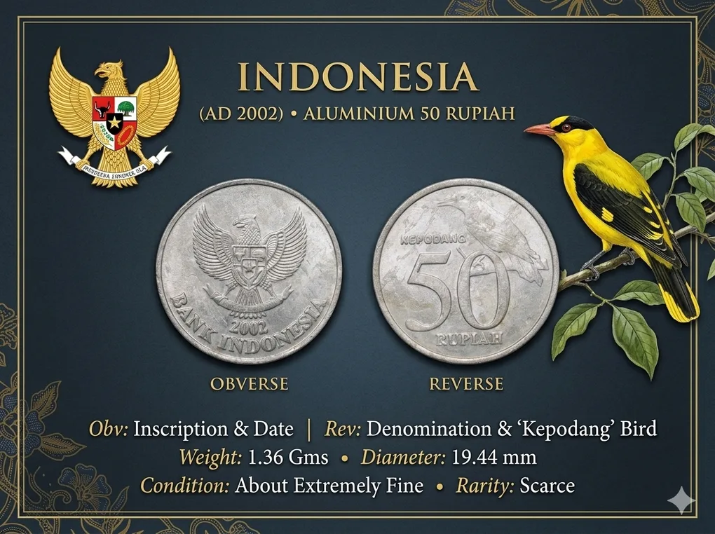 Aluminium 50 Rupiah of Indonesia (AD 2002) with Bird 'Kepodang'
