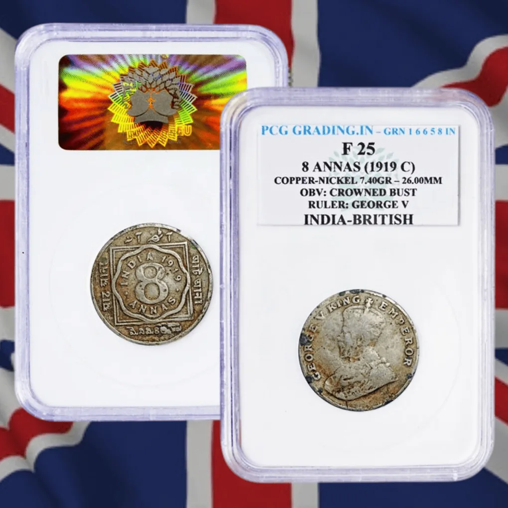 Extremely Rare 8 Anna 1919 Calcutta Mint PCG Grading Coin of George V King Emperor 100% Genuine British India Sikka super Cheapest Price