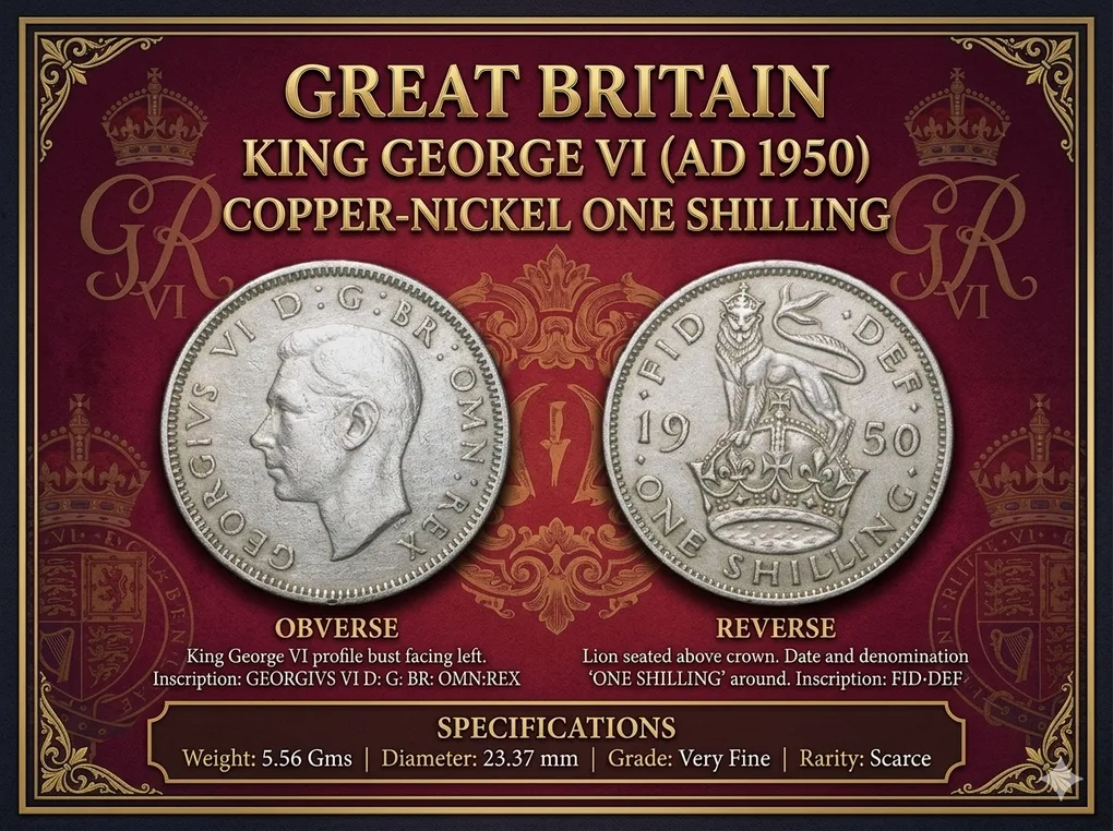 Copper-Nickel Shilling of George VI (AD 1950) of Great Brittain