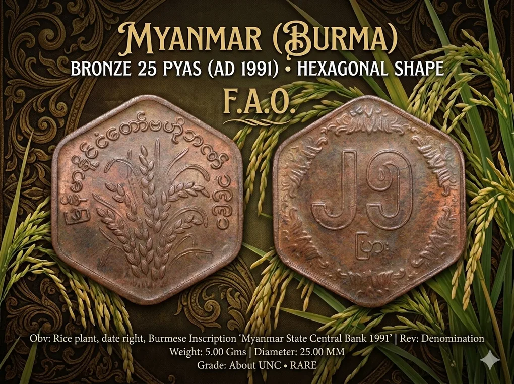 Bronze 25 Pyas of Myanmar (AD 1991) Commemorative issue - F.A.O. Rare