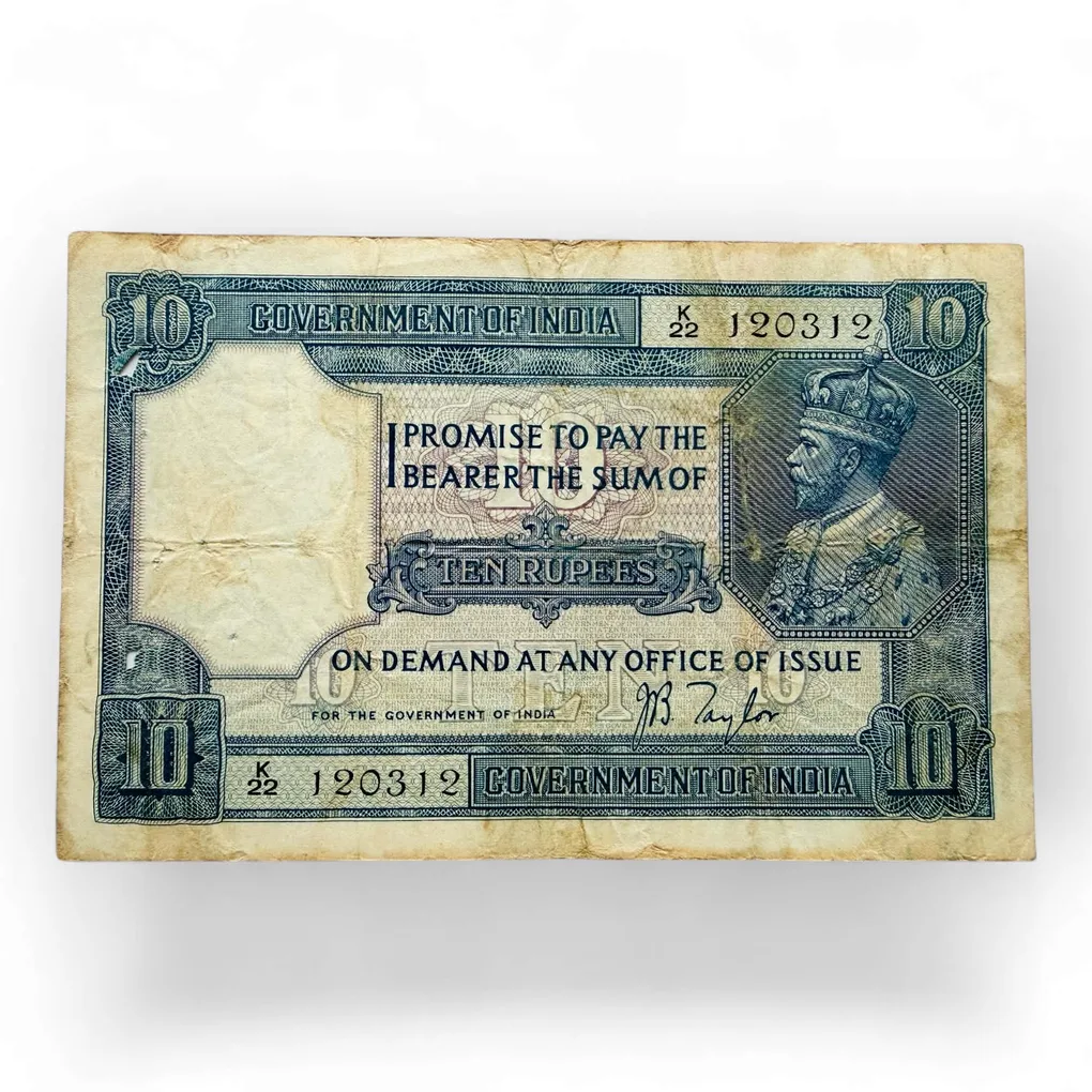 Rs 10 King George V Signed By J B Taylor Portrait Issue Prefix K Ultra Unique and Rare