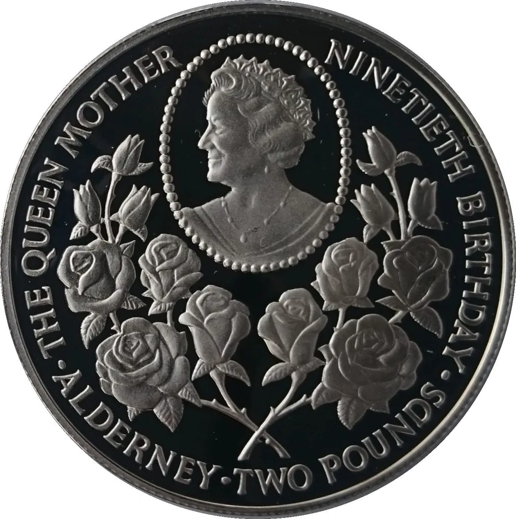 Alderney 2 Pounds 1990 - Elizabeth II Queen Mother's 90th Birthday Rare Coin ( First Day Cover with Stamp )