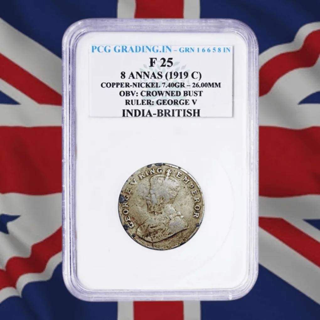 Extremely Rare 8 Anna 1919 Calcutta Mint PCG Grading Coin of George V King Emperor 100% Genuine British India Sikka super Cheapest Price