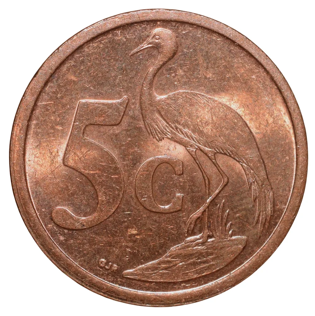 Bronze 5 Cents of South Africa (AD 2004) with Standing blue crane UNC Grade