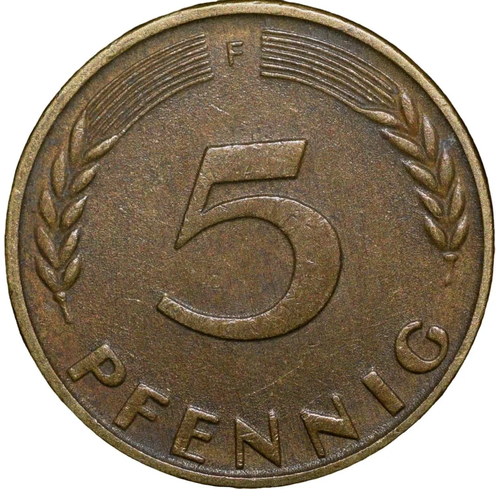 Brass 5 Pfenning of Germany (AD 1966) with Oak Sapling