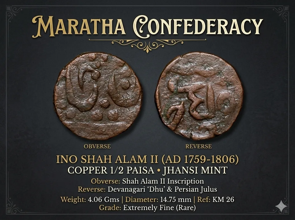 Copper 1/2 Paisa of Maratha Confederacy INO Shah Alam II (AD 1759-1806) of Jhansi Mint KM26