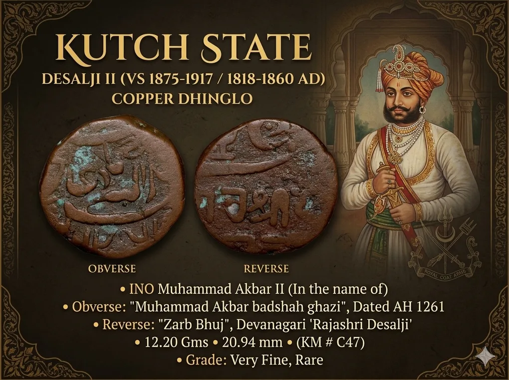 Copper Dhinglo of Desalji II(AD 1818-60) of Kutch State KM # C 47 Rare