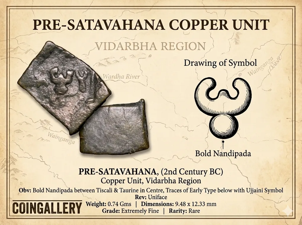 Copper Coin pf Pre-Satavahana (2nd Cen. BC) with Bold Nandipad Between Tiscali & Taurine in Centre Rare