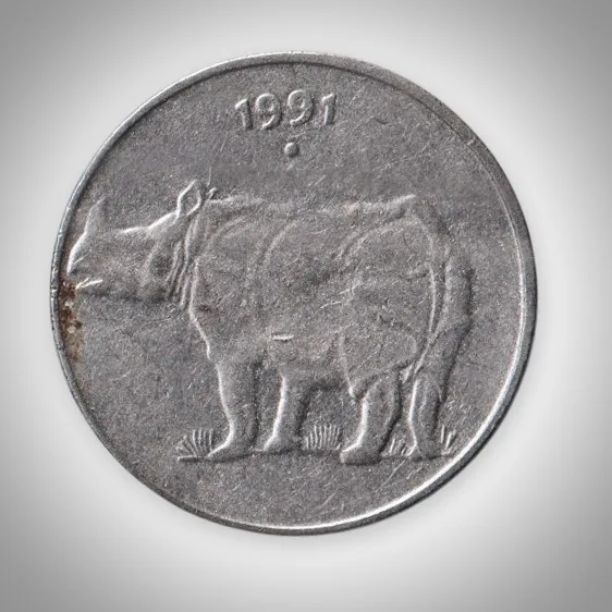 Rare 25 Paise 1991 Rhinoceros Series Noida Mint Republic India Coin # A106
