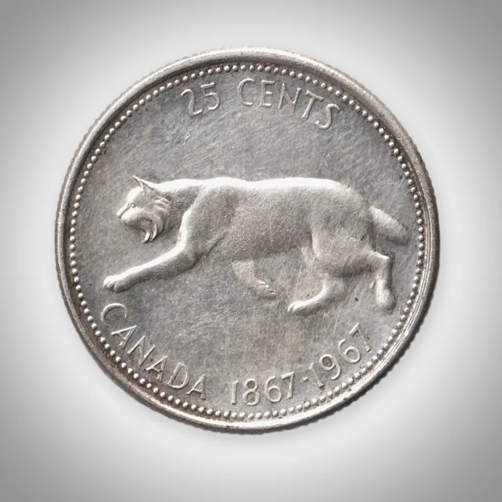 Rare 25 Cents 1867-1967 Confederation Centennial Bobcat Silver Coin of Canada Foreign Mint # A197