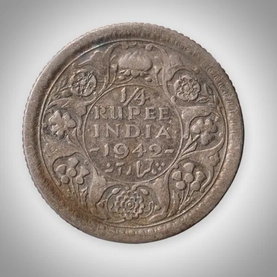 Rare Quarter Rupee 1942 King George VI Calcutta Mint British India Silver Coin # A213