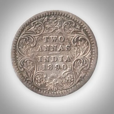 Rare 2 Annas 1890 Queen Victoria Empress Calcutta Mint British India Silver Coin # A221