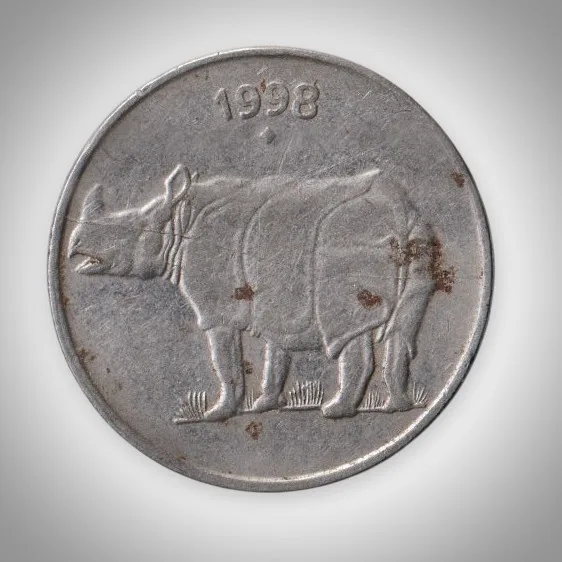 Rare 25 Paise 1998 Rhinoceros Series Bombay Mint Republic of India Coinage India Coin # A234