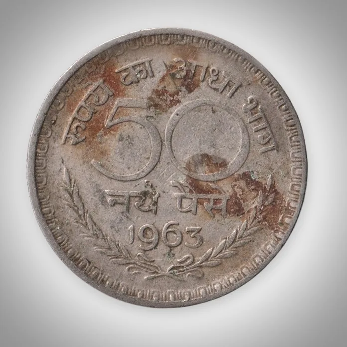 Rare 50 Naye Paise 1963 Nickel Decimal Series Calcutta Mint Coinage of Republic India Coin # A347
