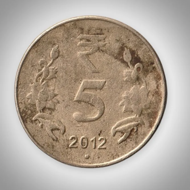 Error 5 Rupees 2012 Printing Error Struck Through Grease Filled Die Obverse Noida Mint Republic India Coin