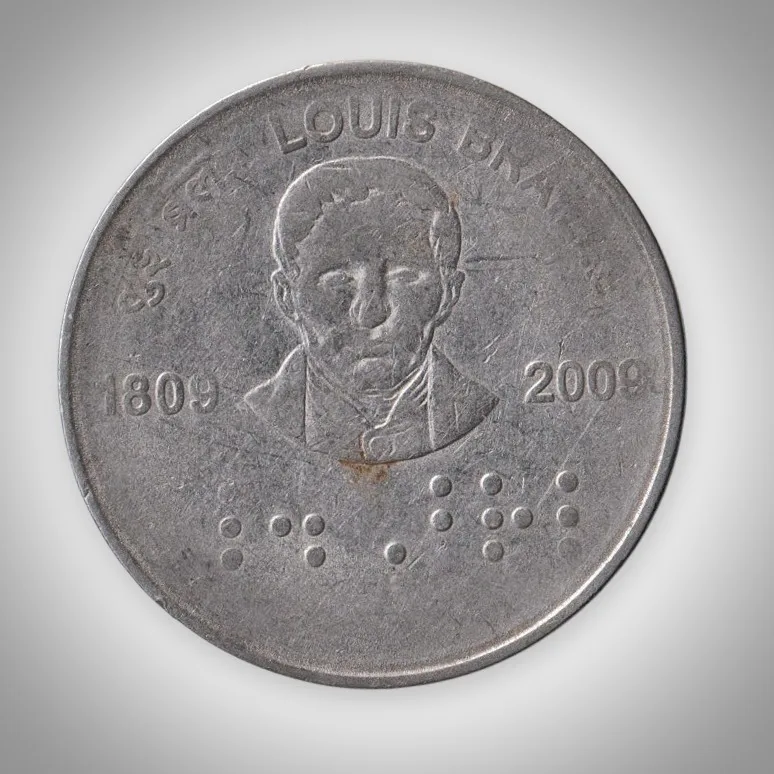 Rare 2 Rupees 2009 Louis Braille Birth Bicentenary Calcutta Mint Republic of India Commemorative Coin # A394