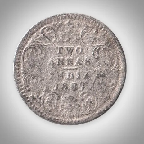 Rare 2 Annas 1887 Queen Victoria Empress Silver Coinage of British India Coin # A422