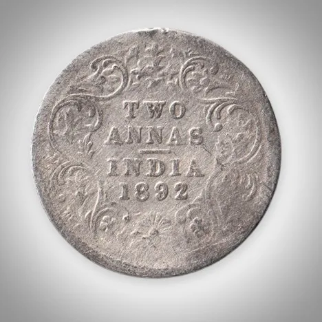 Rare 2 Annas 1892 Queen Victoria Empress Silver Coinage of British India Coin # A427