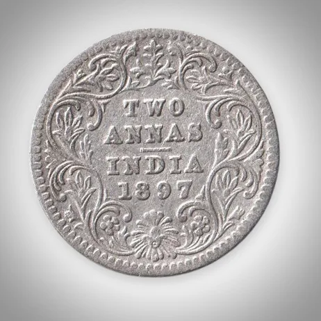 Rare 2 Annas 1897 Queen Victoria Empress Calcutta Mint British India Silver Coin # A433