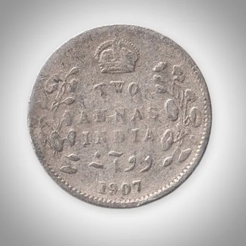 Rare 2 Annas 1907 King Edward VII Calcutta Mint British India Silver Coin # A441