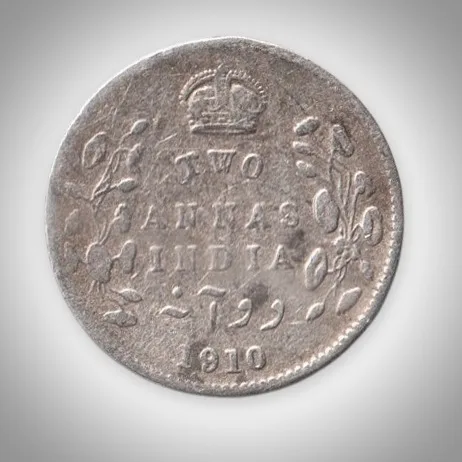 Rare 2 Annas 1910 King Edward VII Calcutta Mint British India Silver Coin # A442