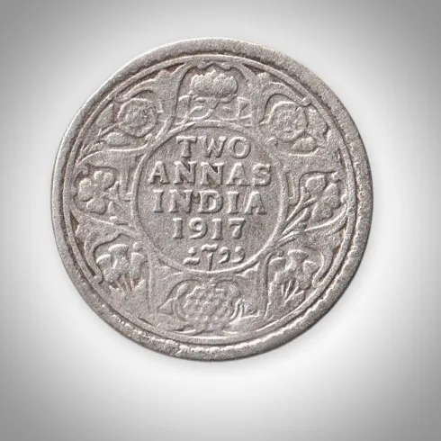 Rare 2 Annas 1917 King George V Silver Calcutta Mint Coinage of British India Coin # A446