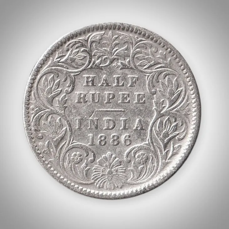 Rare Half Rupee 1886 Queen Victoria Empress Silver Calcutta Mint Coinage of British India Coin # A459