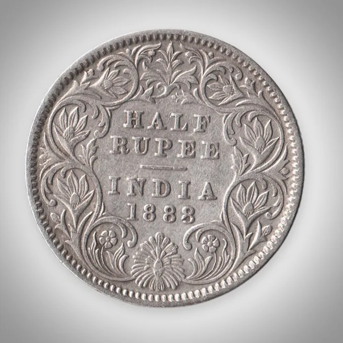 88Rare Half Rupee 1888 Queen Victoria Empress Silver Calcutta Mint Coinage British India Coin # A460