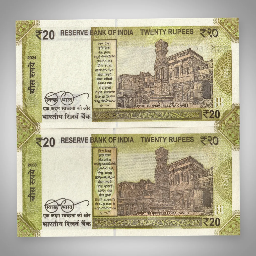 2 Rare Same Serial Number 661786 Bank Note of 20 Rupees with 786 Ending Fancy Number Set of Year 2023 &amp; 2024 Ellora Caves Republic India Note # A483