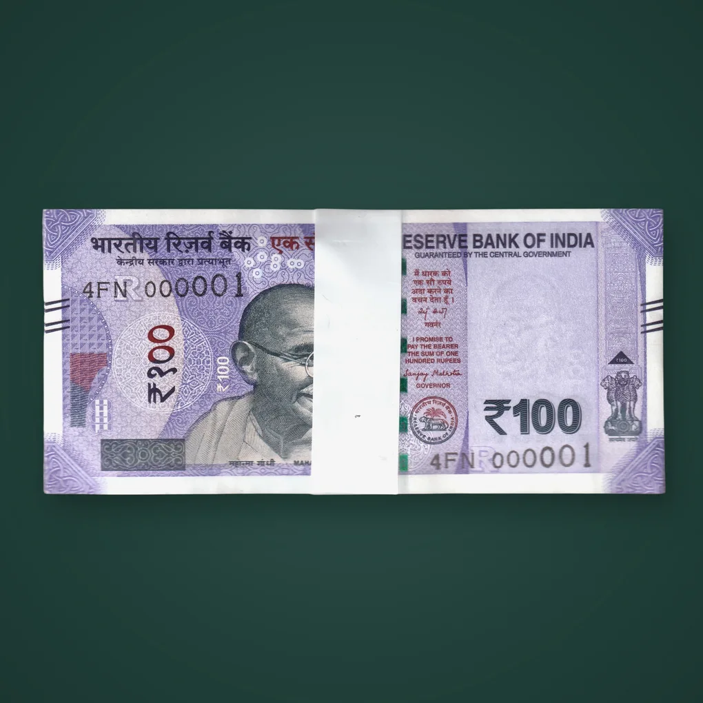 Extremely Rare 100 Rupees Serial Bundle 4FN 000001-000100 Year 2025 Signed by Sanjay Malhotra Republic of India Bank Note Gaddi Packet # A551