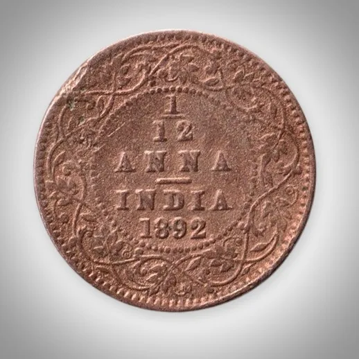 Rare 1/12 Anna 1892 Queen Victoria Empress Calcutta Mint British India Coin # A592