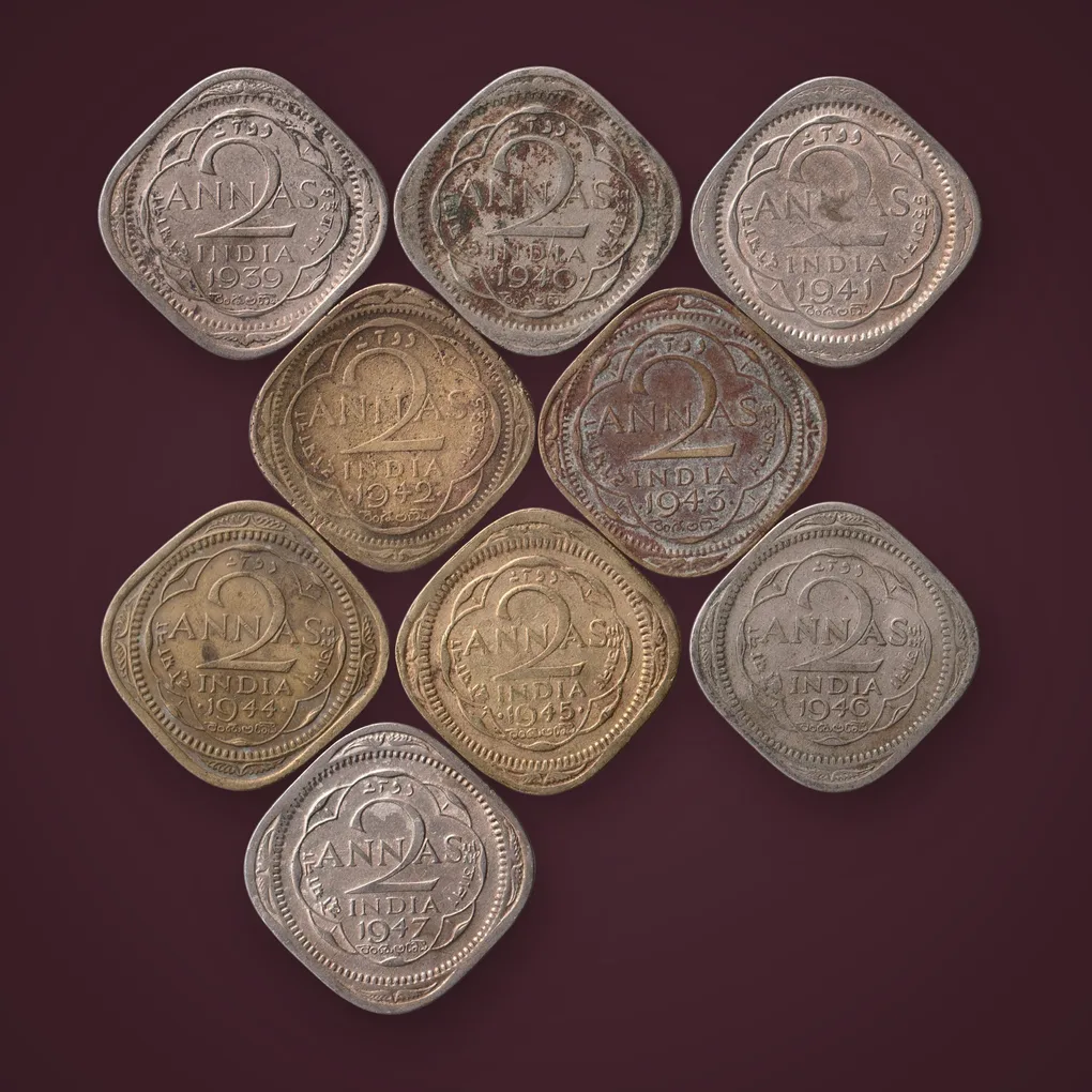 Rare 2 Annas 1939 to 1947 George VI King Emperor Nine Coin Date Set British India Coin # A617