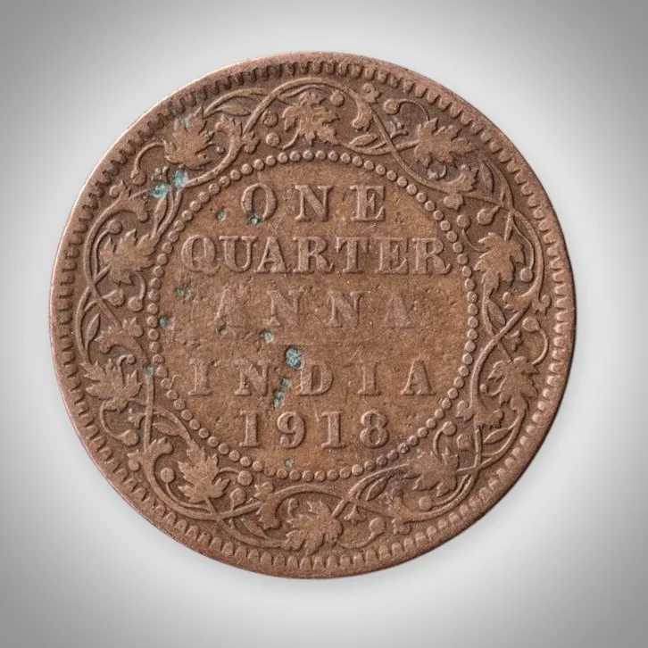 Rare One Quarter Anna 1918 King George V Calcutta Mint British India Coin # A627