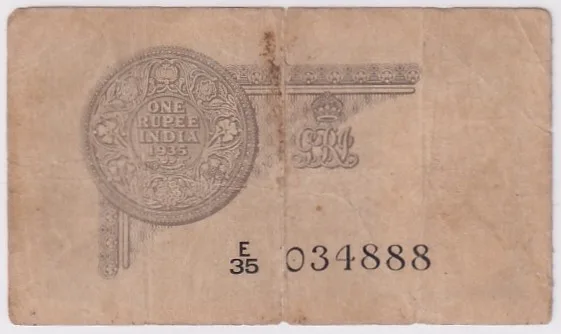JW Kelly 1 Rupee Ex Rare Note 1935 of King george V Fine Condition Note Rare #1