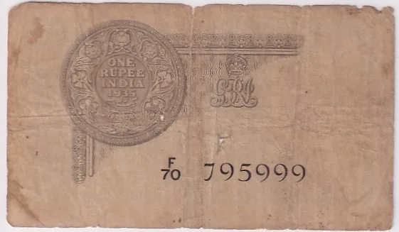 JW Kelly 1 Rupee Ex Rare Note 1935 of King george V Fine Condition Note Rare #2