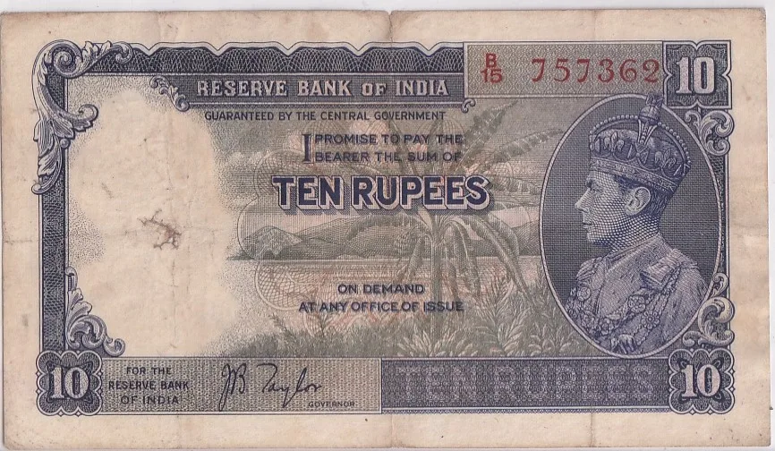 British India 10 Rupees J B Taylor Sign 1938 Old Note Rare #2