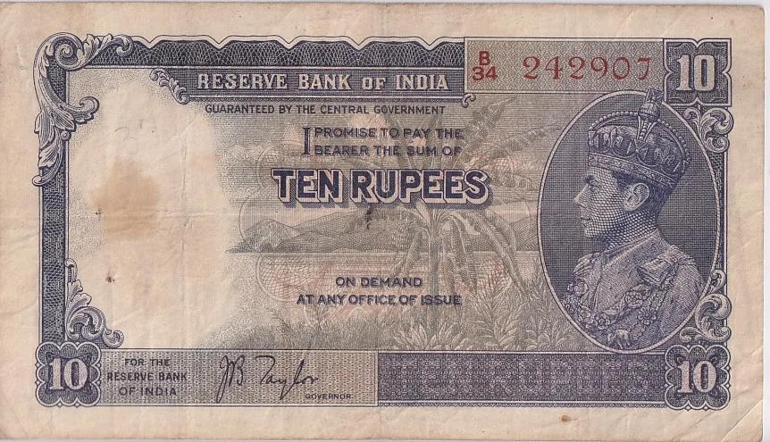 British India 10 Rupees J B Taylor Sign 1938 Old Note Rare #4