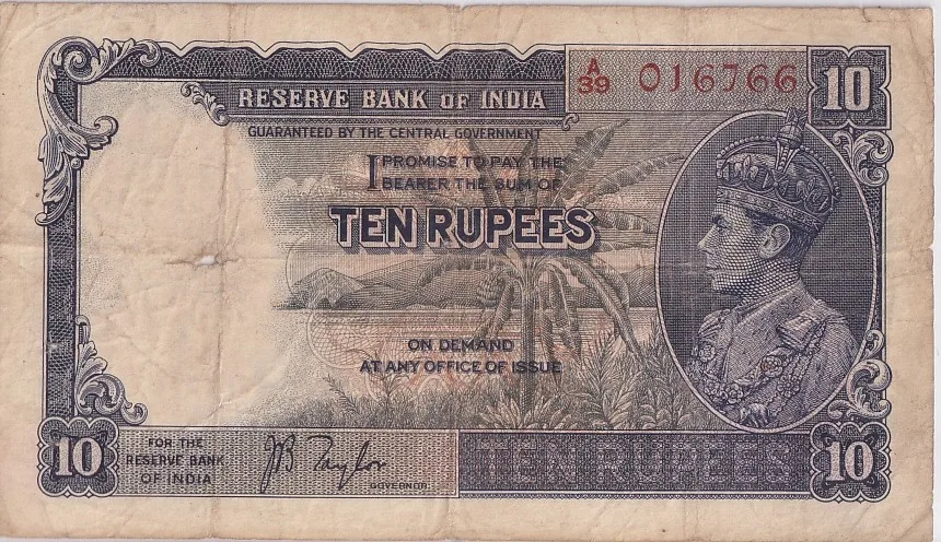 British India 10 Rupees J B Taylor Sign 1938 Old Note Rare #5