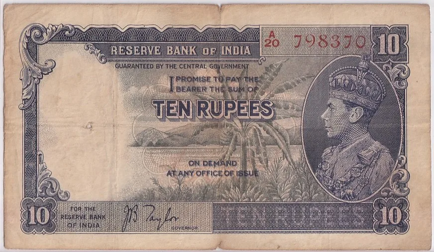 British India 10 Rupees J B Taylor Sign 1938 Old Note Rare #6