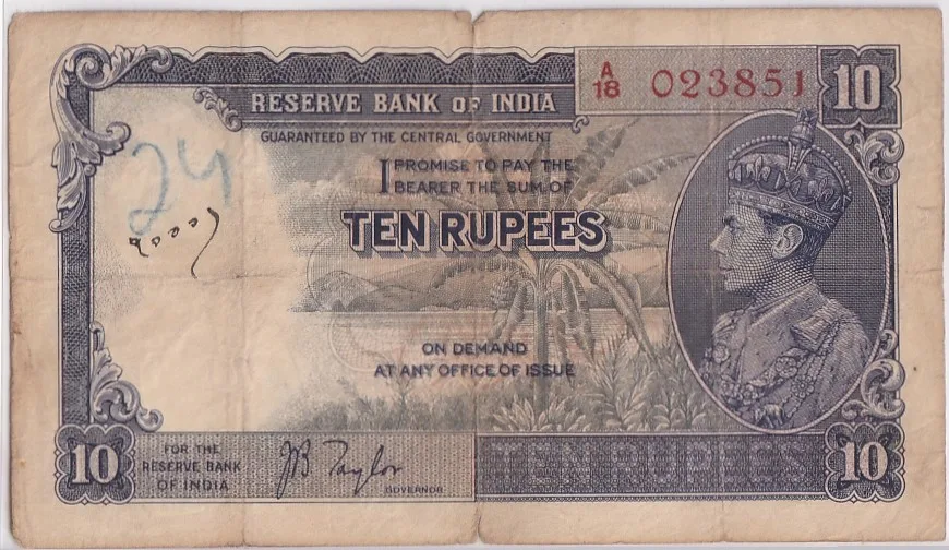 British India 10 Rupees J B Taylor Sign 1938 Old Note Rare #7